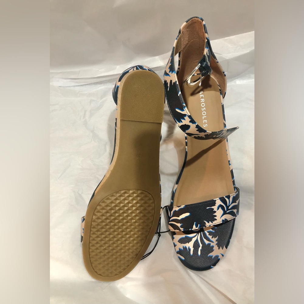 Aerosoles navy blue and cream floral ankle strap open toe cork wedge size 11 new - Picture 10 of 15